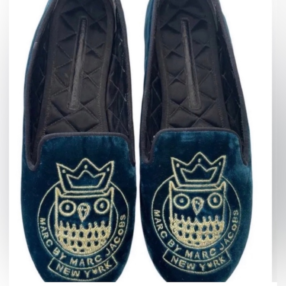 Vintage,Marc by Marc Jacobs Shoes,Blue Velvet Owl Moccasins, Blue/Gold Size 39.5